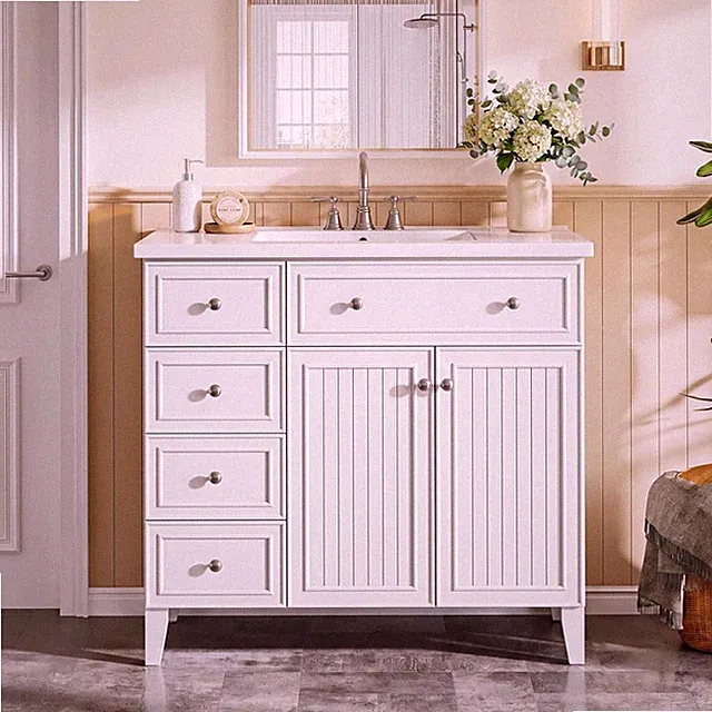 36" Bathroom Vanity with Sink, Bathroom Sink Cabinet with 5 Drawers & 2 Doors
