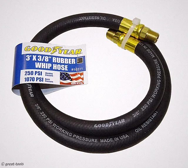 AIR TOOL WHIP HOSE – 3’ x 3/8” – USA – Goodyear – jumper hoses – pneumatic tools
