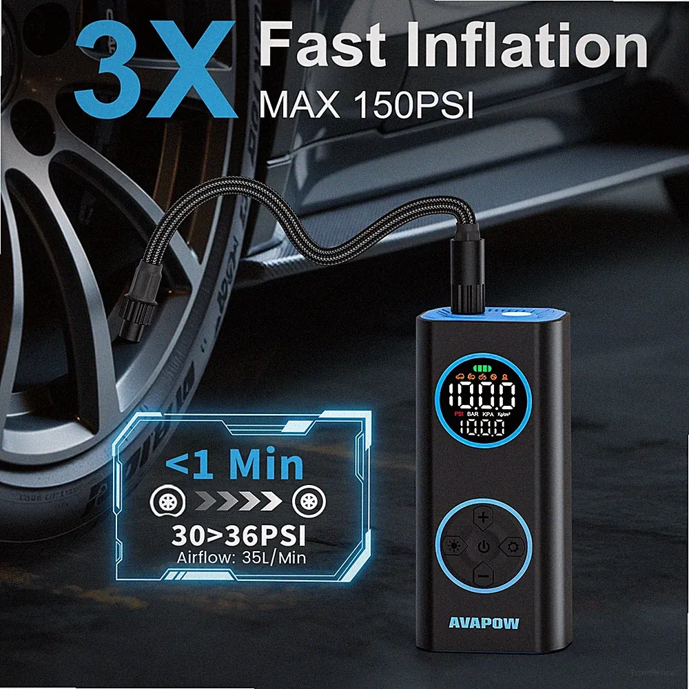Cordless Tire Inflator 150PSI Air Compressor 12000mAh Portable Air Pump Auto Off