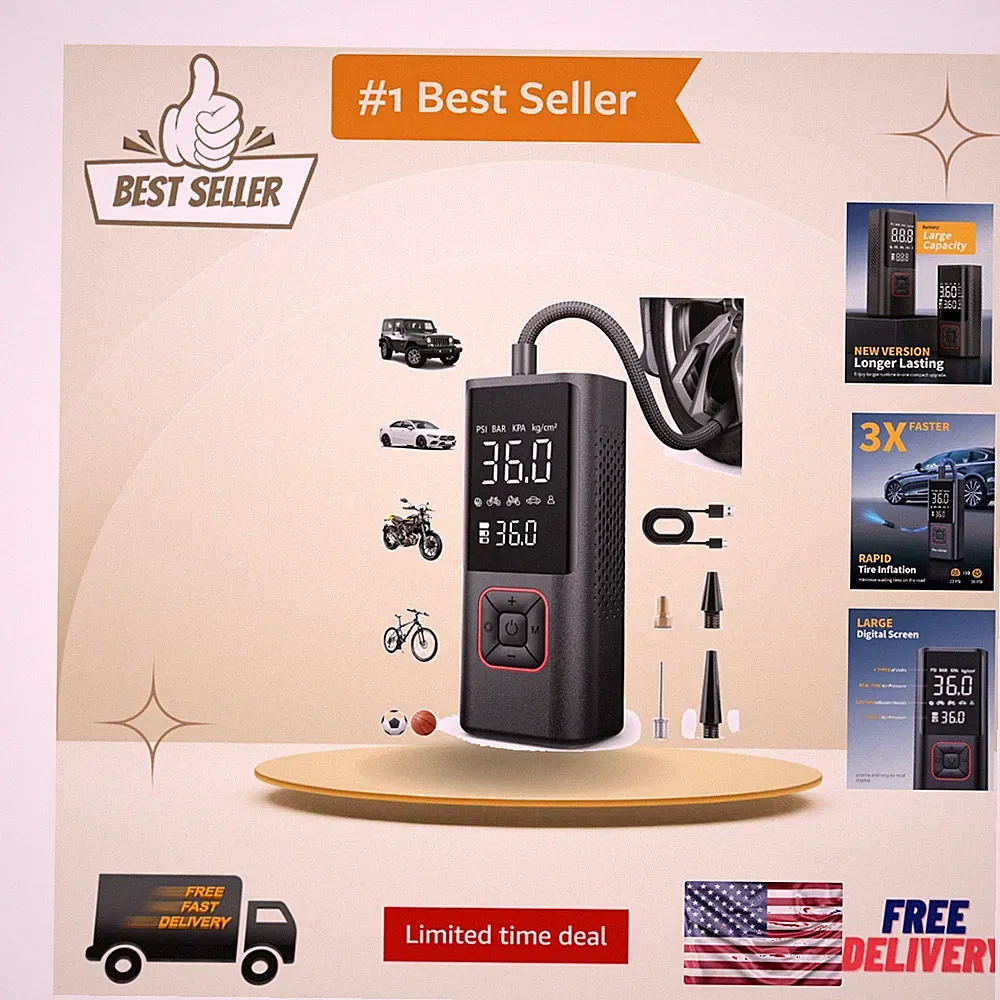 Versatile Air Compressor for Car Tires, Bikes & Inflatables - LED Light Included